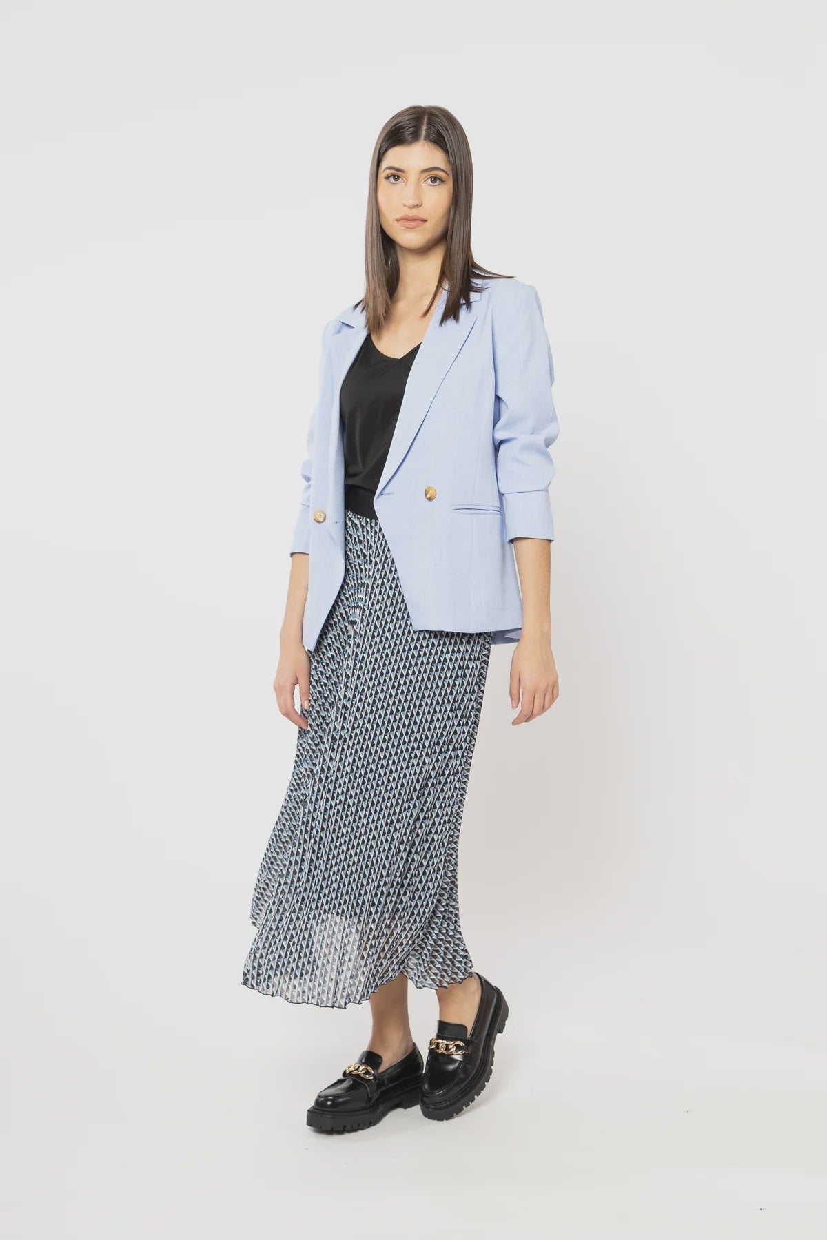 Sunray Pleated Skirt - Graphic Geo Blue