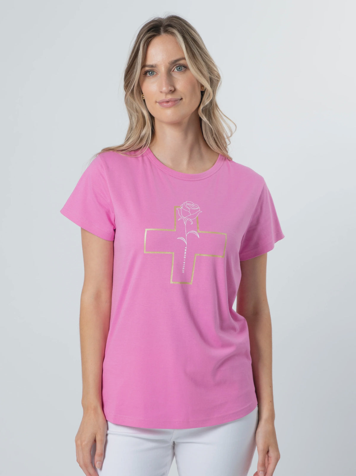 Bubblegum Tee - White Rose with Gold Cross