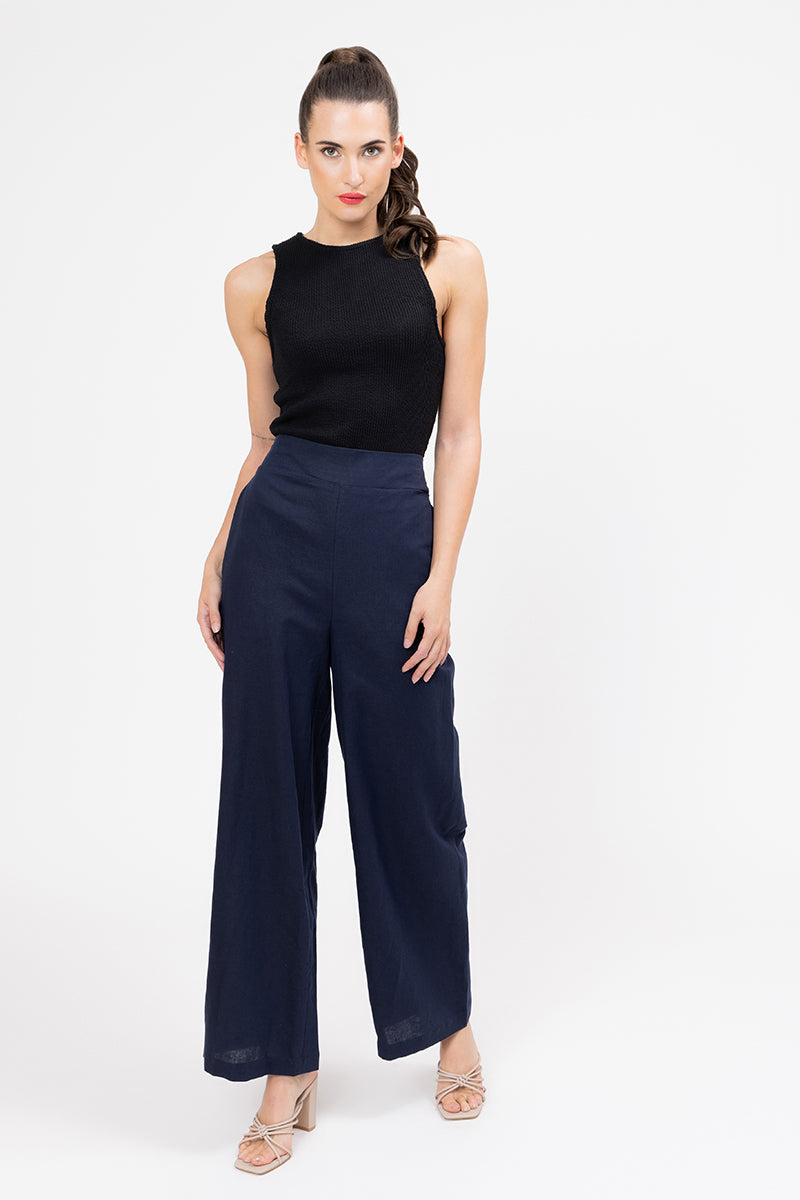 Essential Wide Leg Pant - Navy Linen