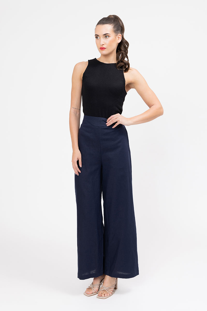 Essential Wide Leg Pant - Navy Linen