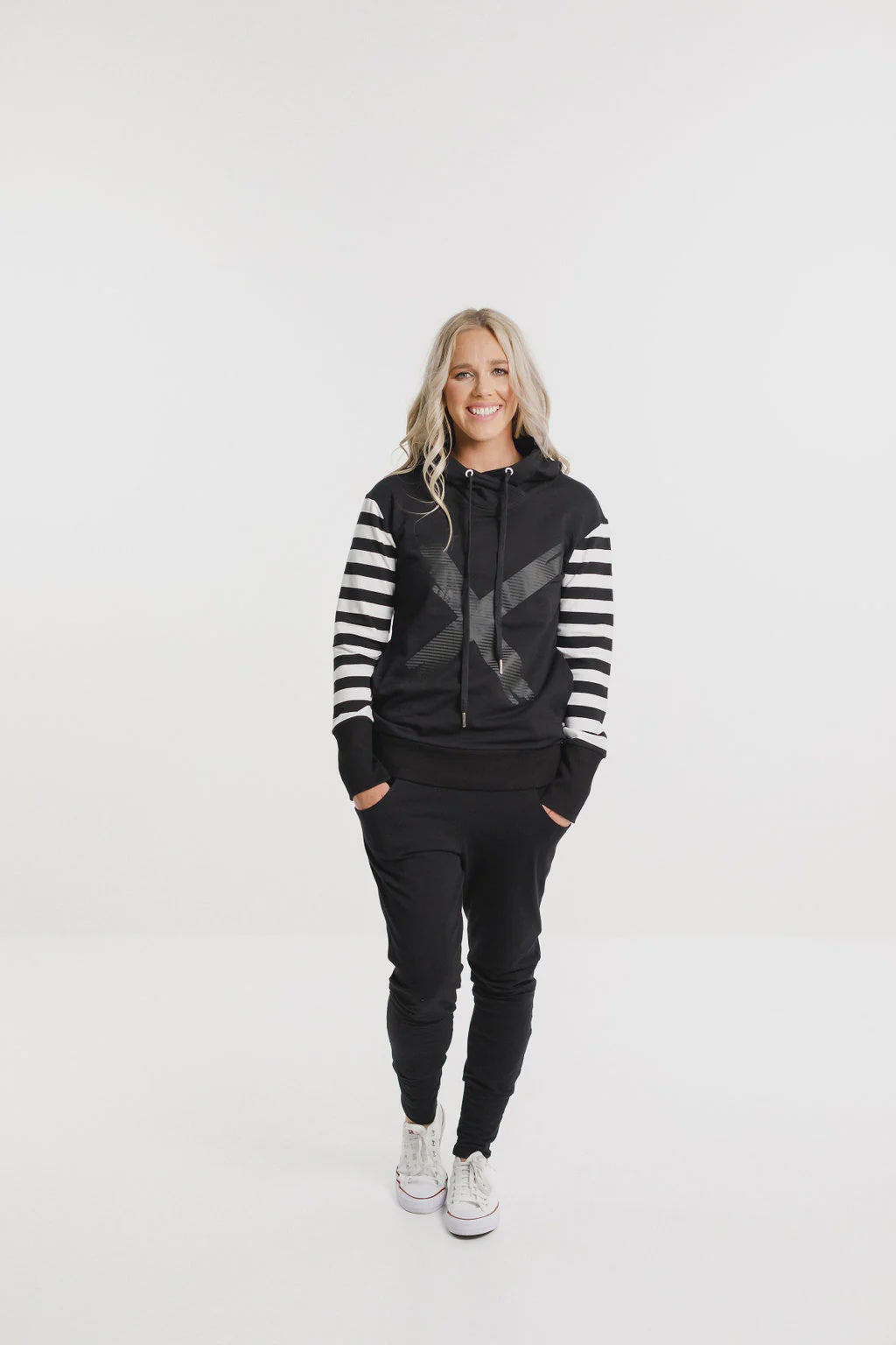 Hooded Sweatshirt - Black with stripe sleeve