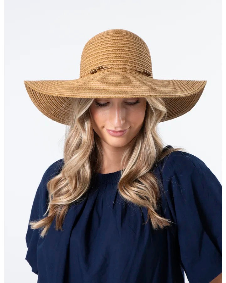 STRAW HAT WITH RAFFIA BOW AND BRONZE BEADS