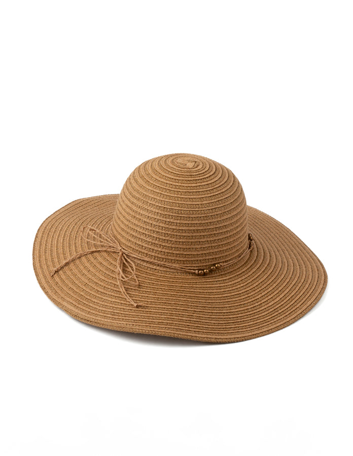 STRAW HAT WITH RAFFIA BOW AND BRONZE BEADS