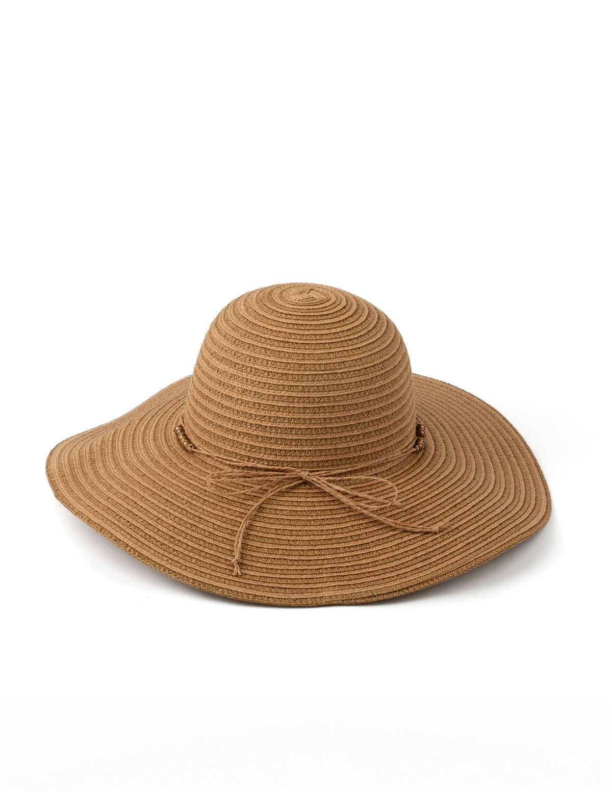 STRAW HAT WITH RAFFIA BOW AND BRONZE BEADS