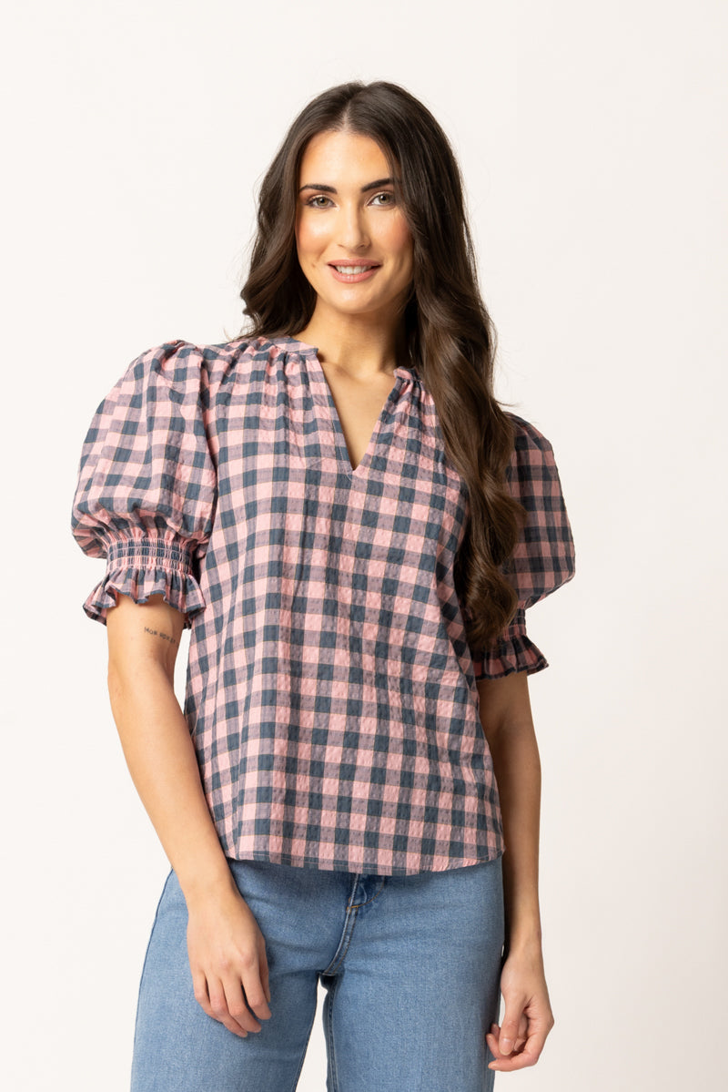 Relaxed Butterfly Top | Pink Teal Gingham