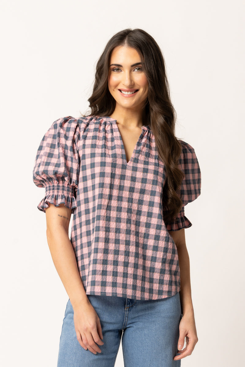 Relaxed Butterfly Top | Pink Teal Gingham