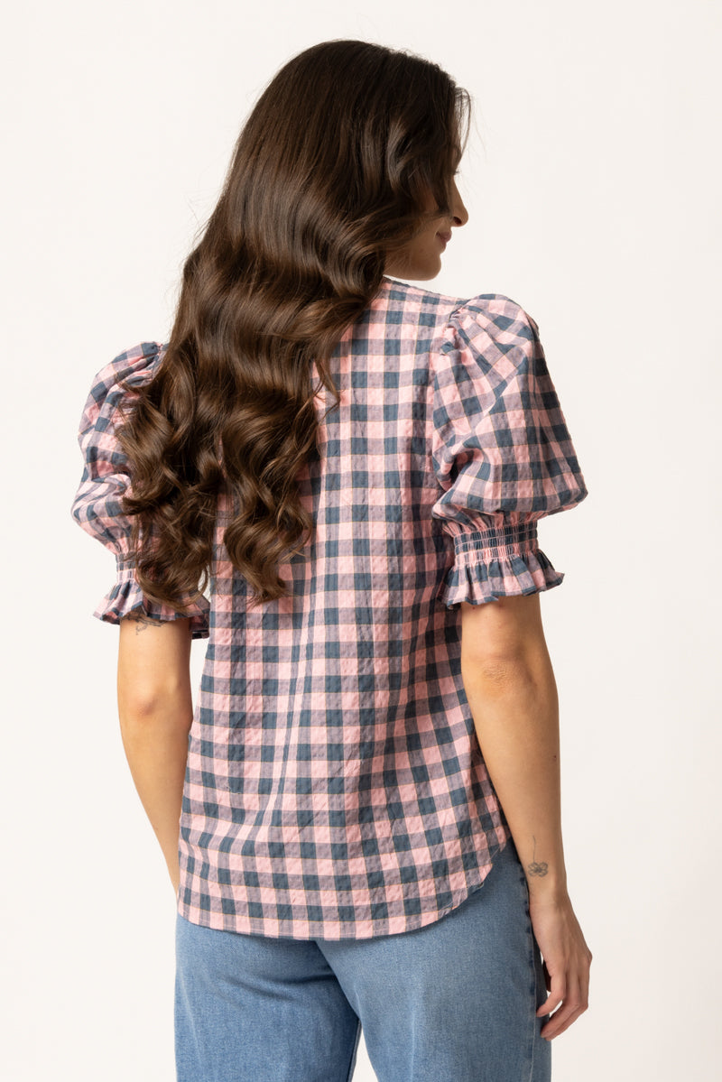 Relaxed Butterfly Top | Pink Teal Gingham