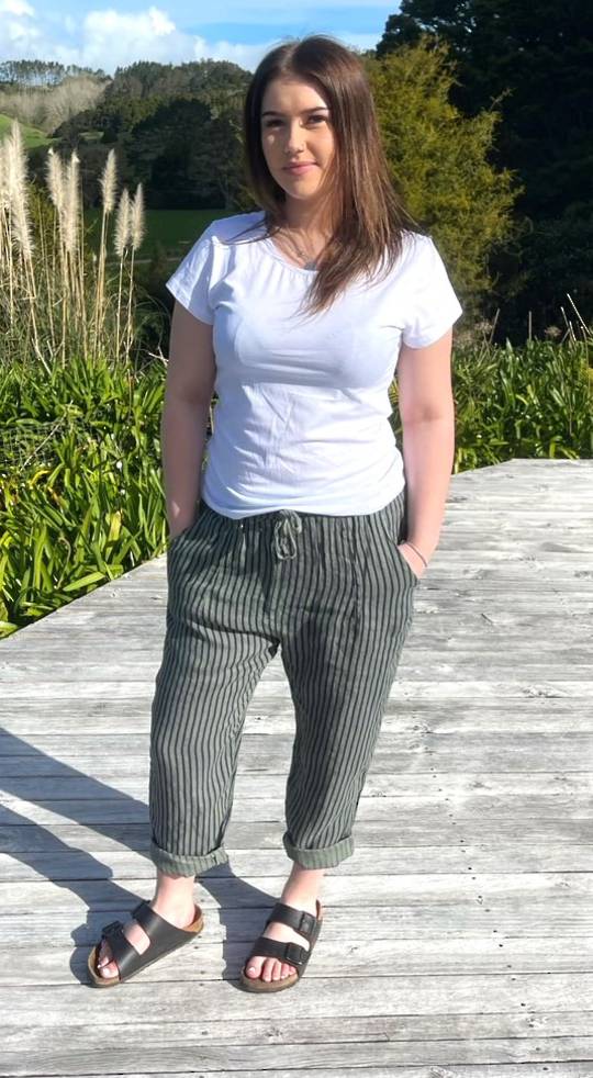Ella Stripe Linen Trousers | Khaki