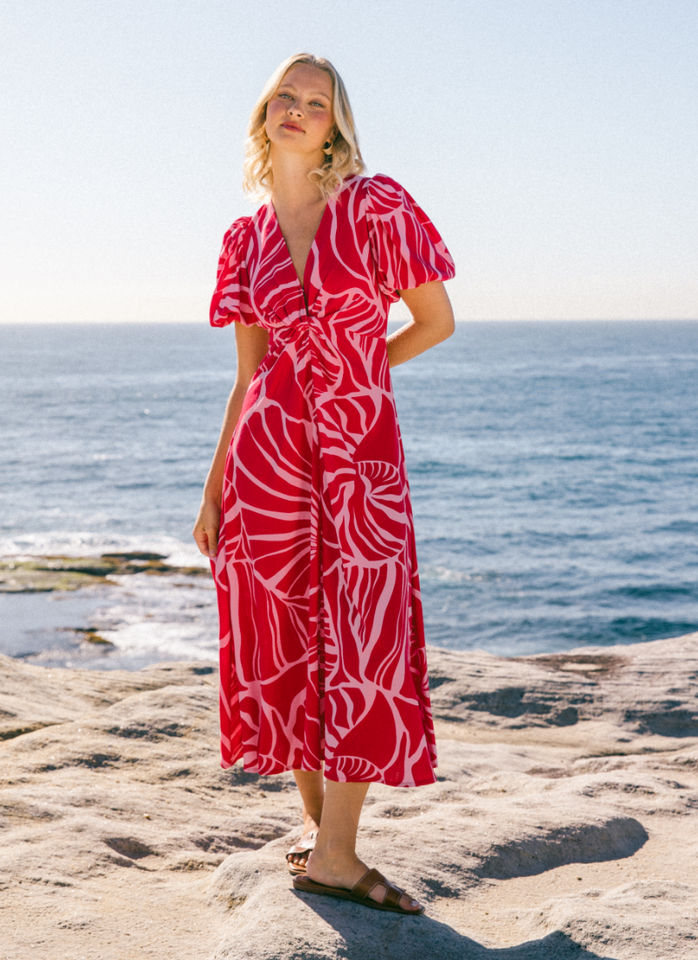 Gaia Puff Sleeve dress - Red & Pink