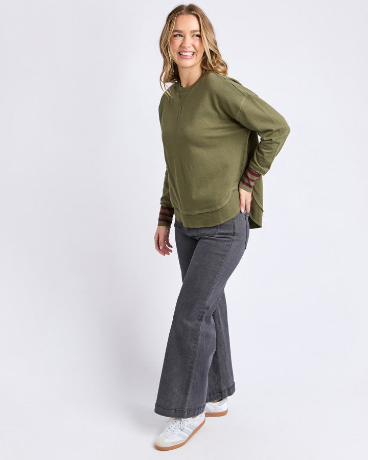 Alex Striped Cuff Crew | Moss