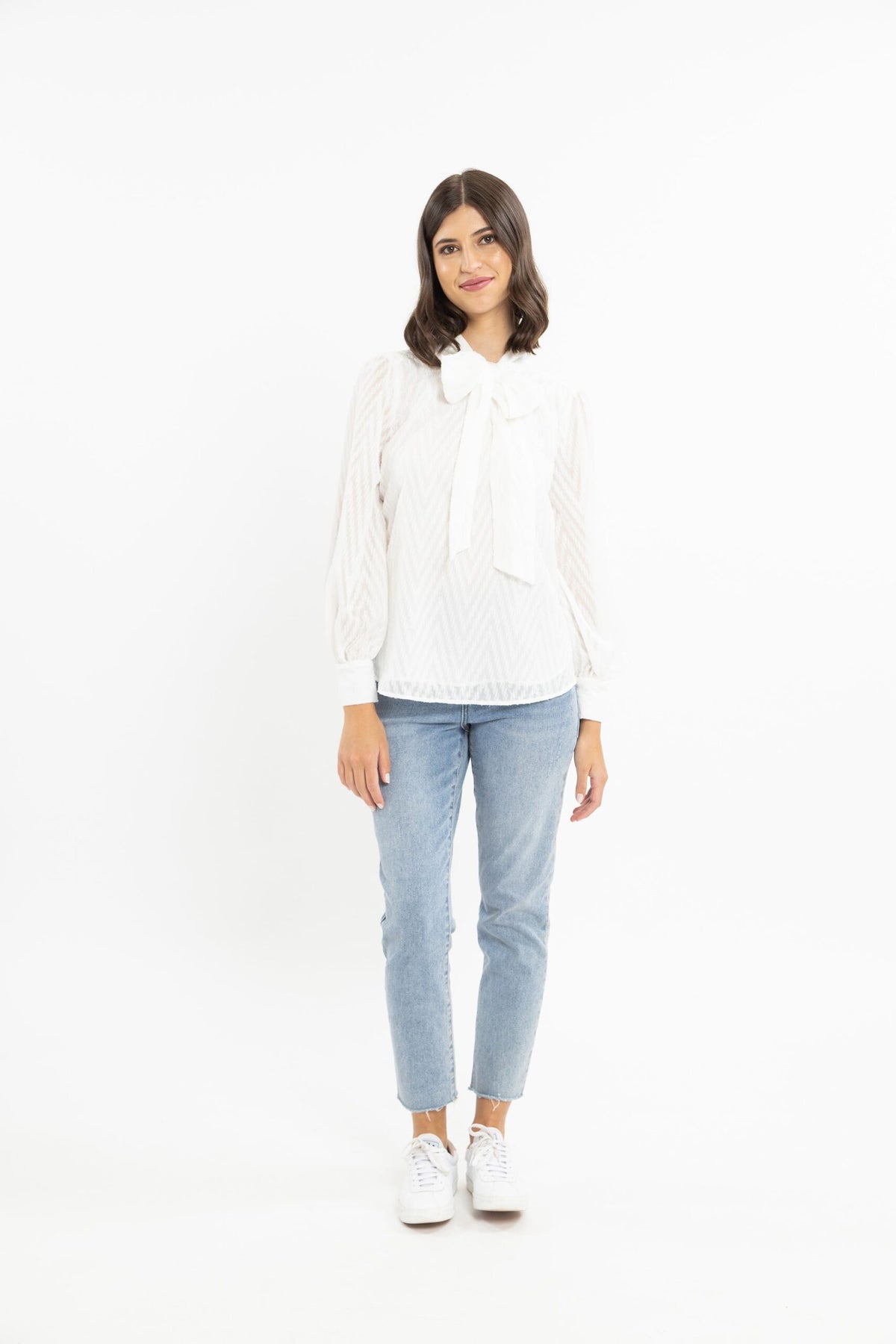 Kitty Bow Neck Blouse - White Texture Chiffon