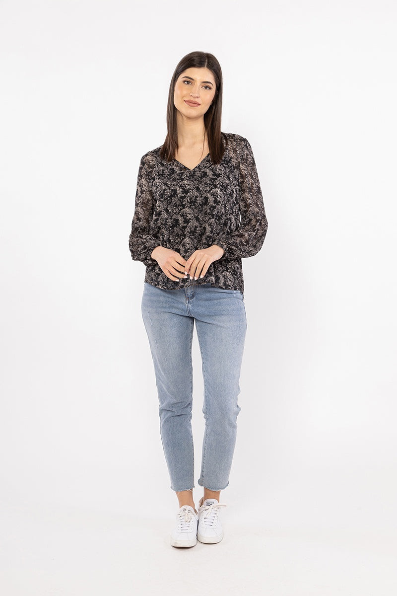 Wanderer Top - Black Floral with Sheer Stripe