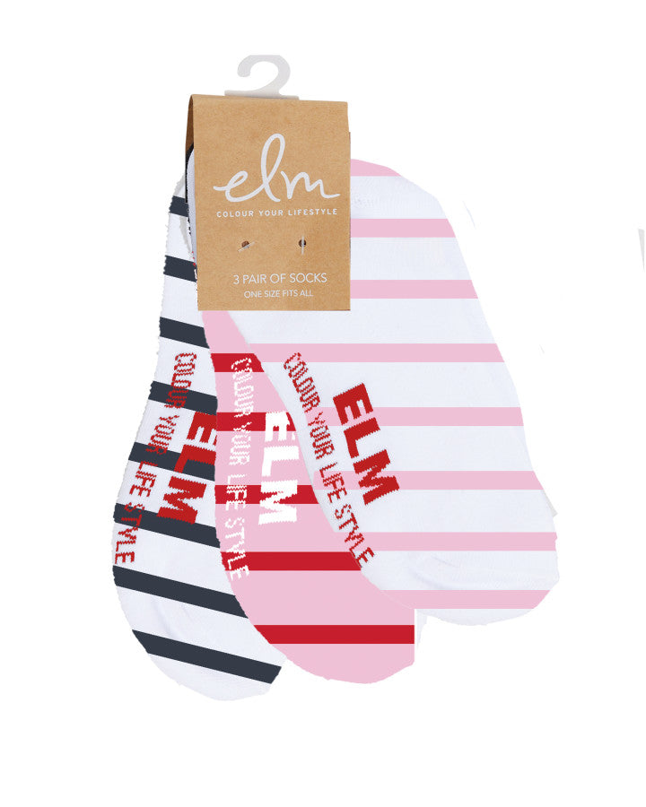 No Show Socks Striped  3pk - Candy Pink, Red and Black